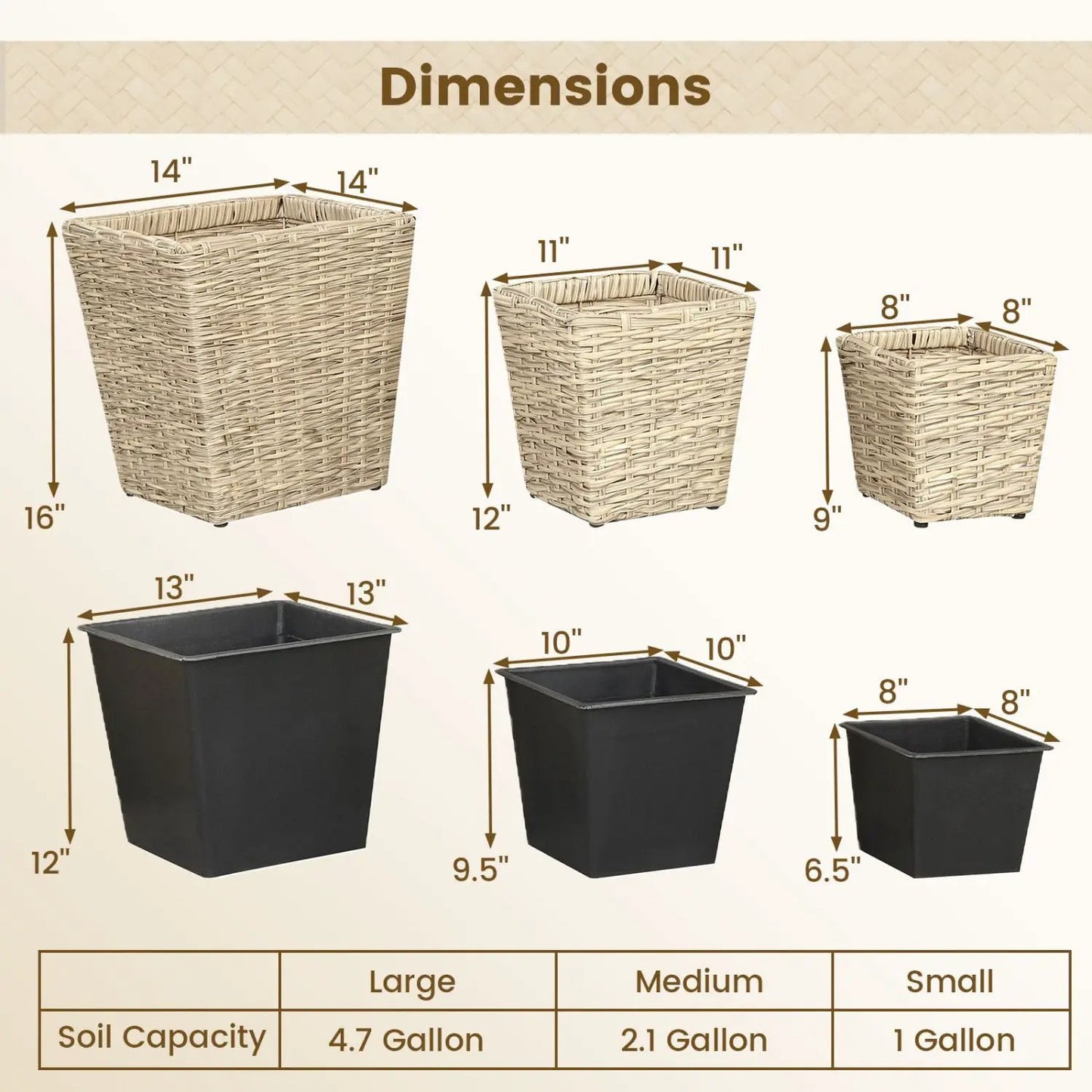 Rattan Planter Box Set Three Piece Liners