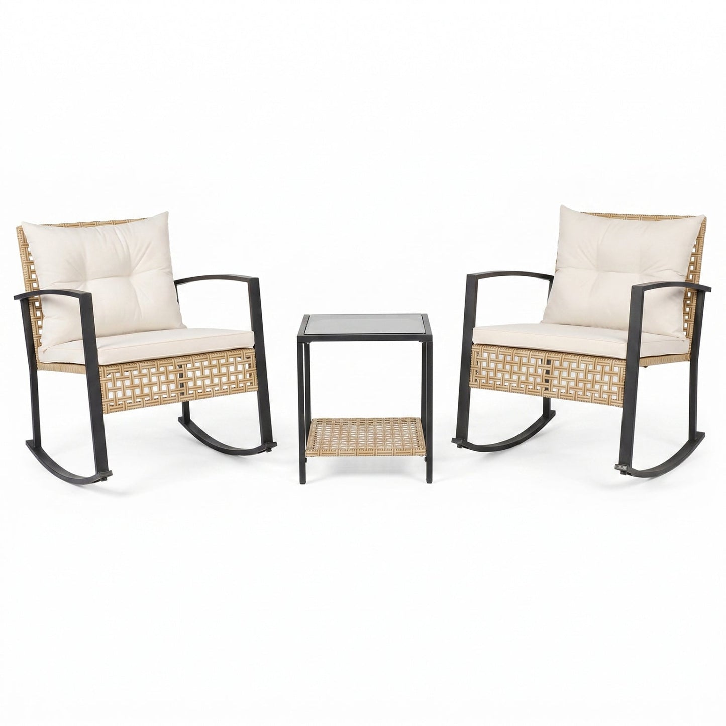 DirectDeals 3-Piece Rattan Patio Set with Rockers, tan wicker, beige cushions, glass table on Tampa Home & Garden Store