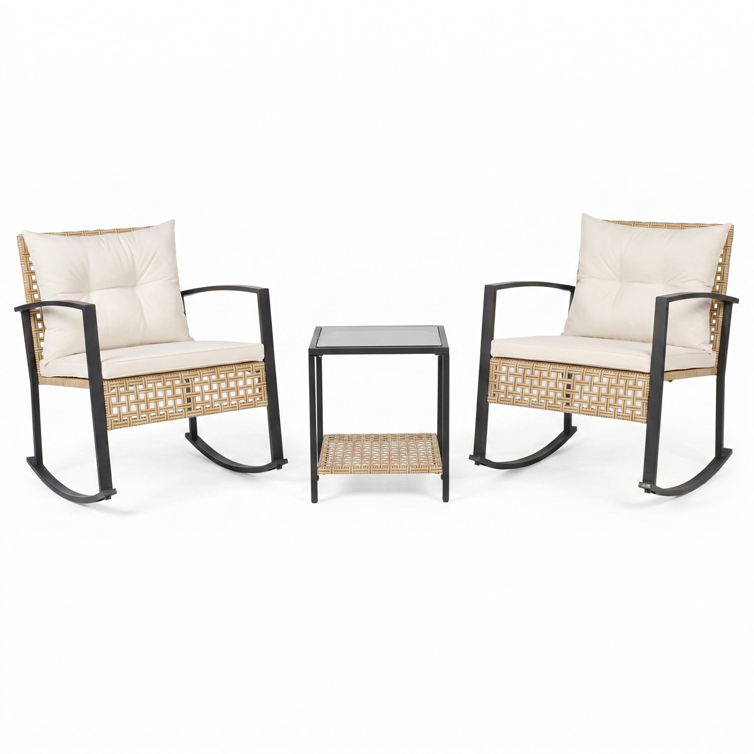 DirectDeals 3-Piece Rattan Patio Set with Rockers, tan wicker, beige cushions, glass table on Tampa Home & Garden Store