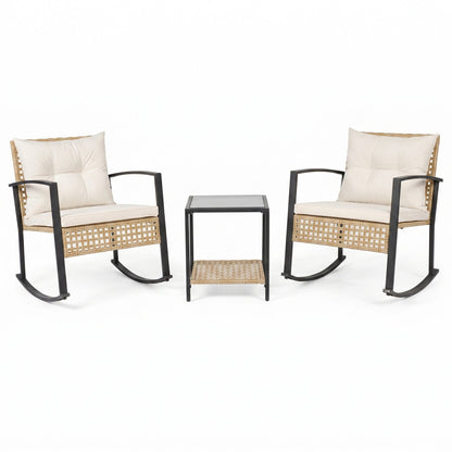 DirectDeals 3-Piece Rattan Patio Set with Rockers, tan wicker, beige cushions, glass table on Tampa Home & Garden Store