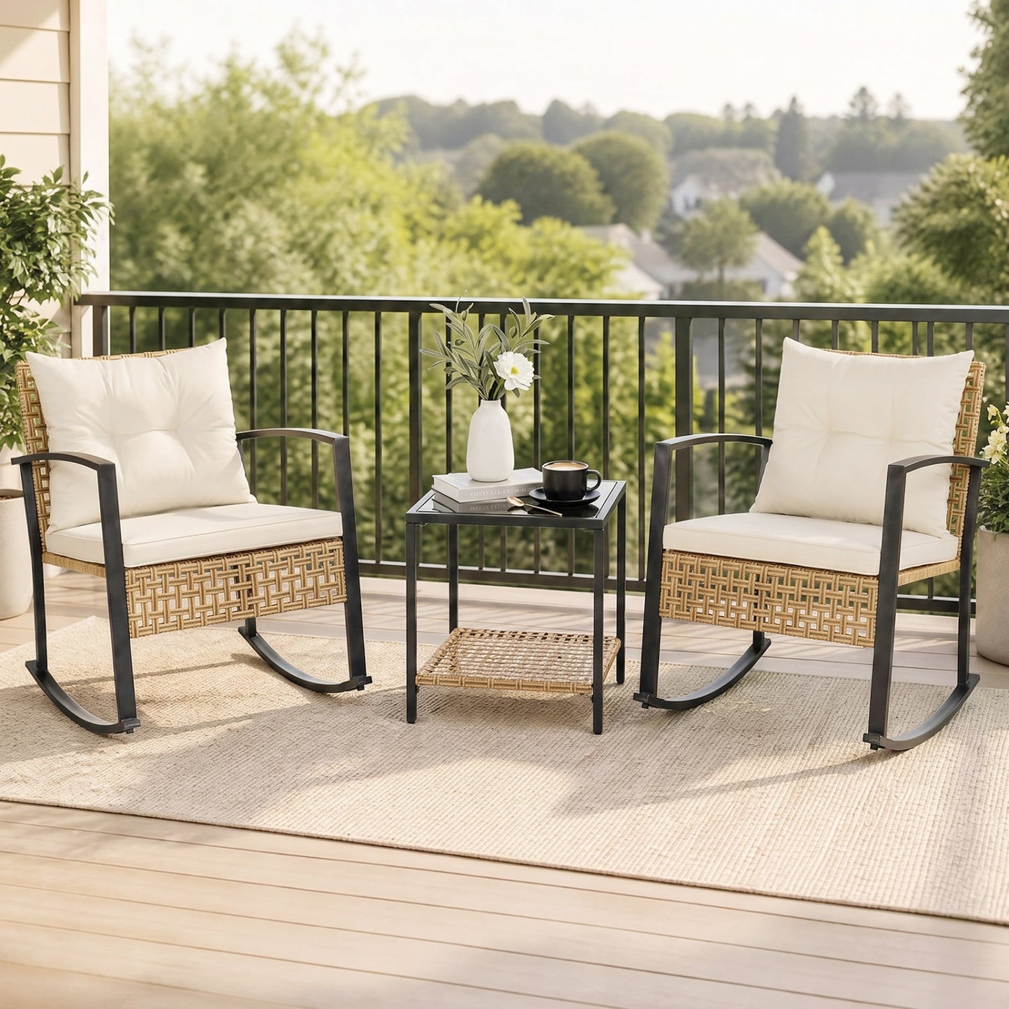 3-Piece Rattan Patio Set with two rocking chairs and square table, cream cushions, black frames on Tampa Home & Garden Store