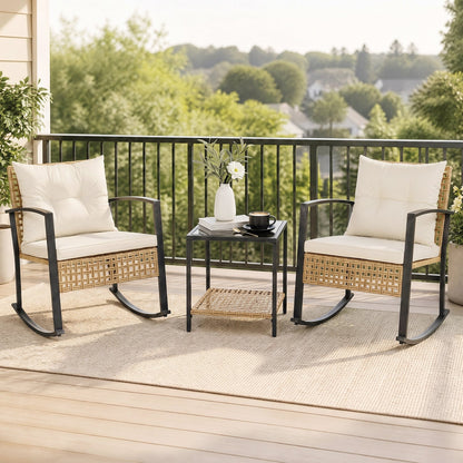 3-Piece Rattan Patio Set with two rocking chairs and square table, cream cushions, black frames on Tampa Home & Garden Store