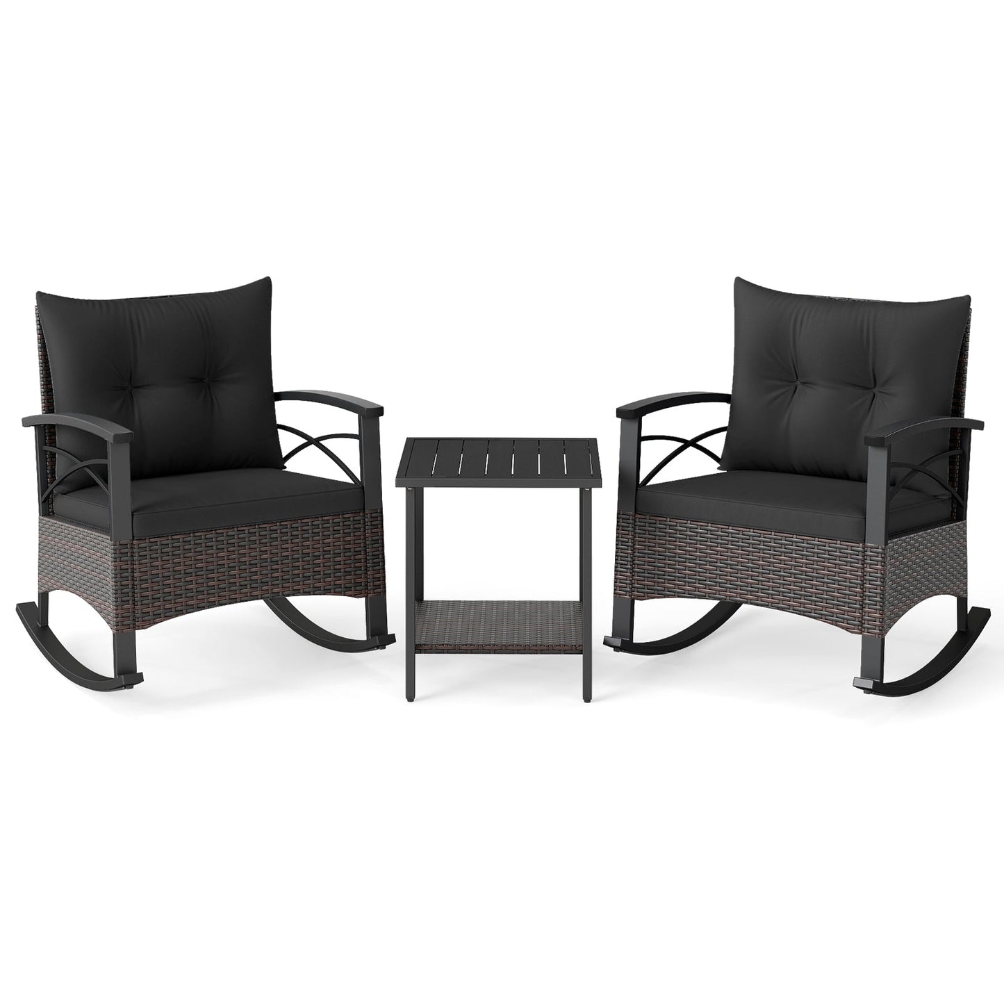 3 Piece Rocking Bistro Set PE Rattan Rocker Chairs with Acacia Wood Top Table
