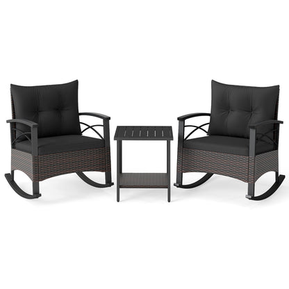 3 Piece Rocking Bistro Set PE Rattan Rocker Chairs with Acacia Wood Top Table