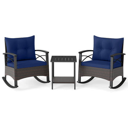 3 Piece Rocking Bistro Set PE Rattan Rocker Chairs with Acacia Wood Top Table