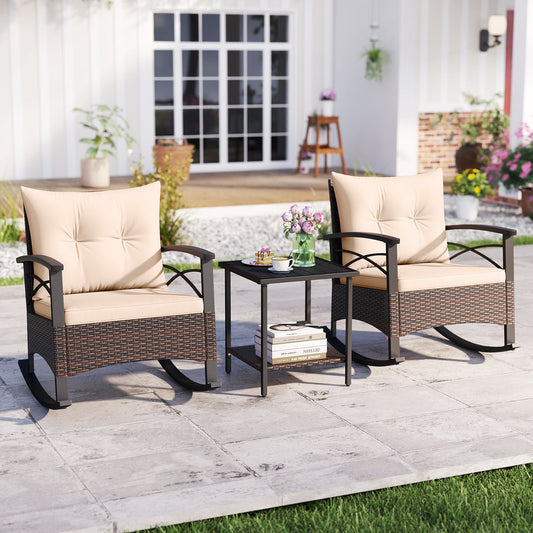 3 Piece Rocking Bistro Set PE Rattan Rocker Chairs with Acacia Wood Top Table - Tampa Home & Garden Store