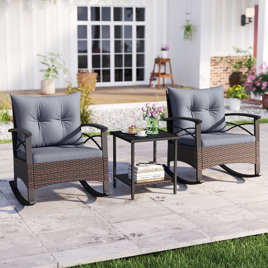 3 Piece Rocking Bistro Set PE Rattan Rocker Chairs with Acacia Wood Top Table - Tampa Home & Garden Store