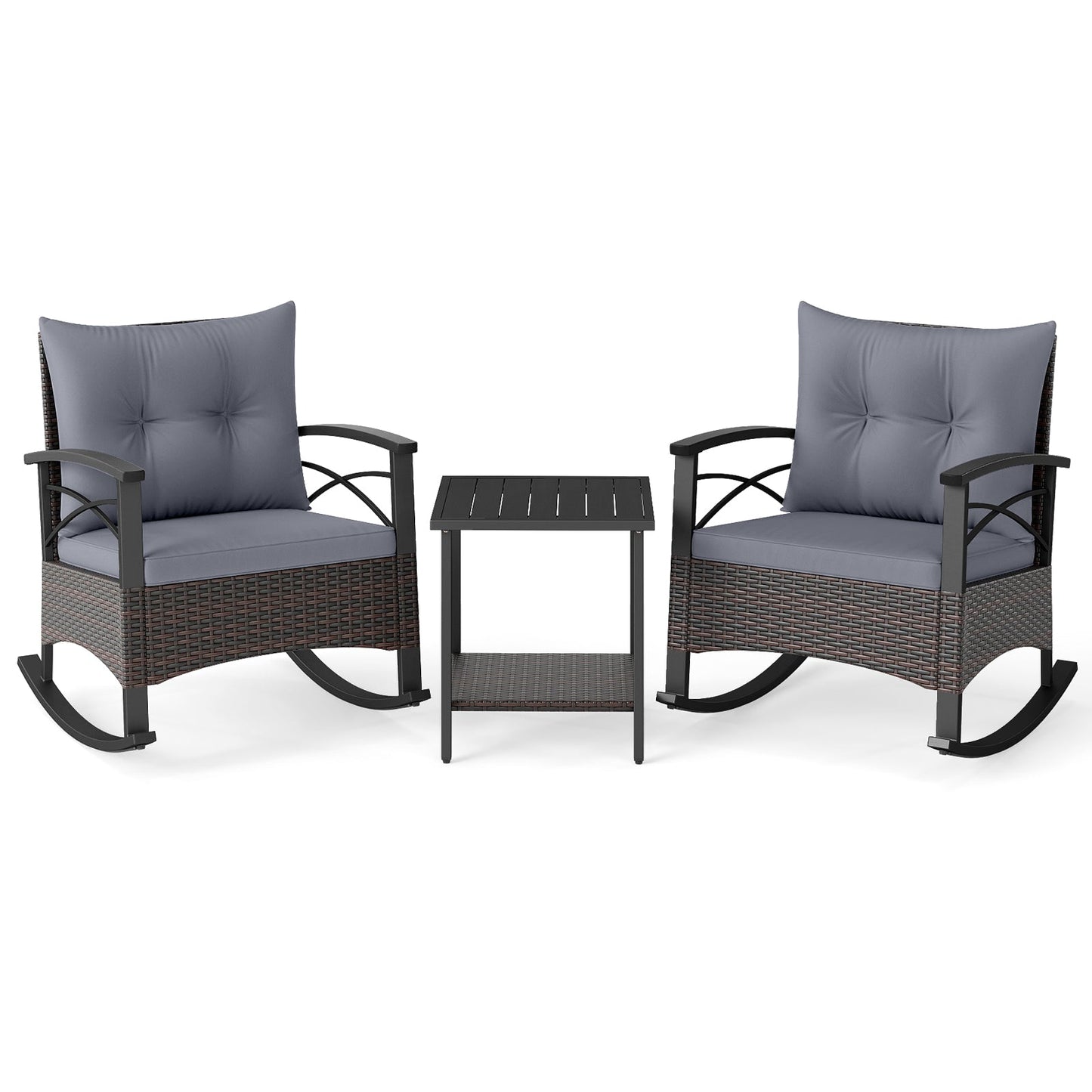 3 Piece Rocking Bistro Set PE Rattan Rocker Chairs with Acacia Wood Top Table