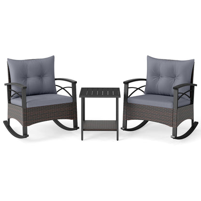 3 Piece Rocking Bistro Set PE Rattan Rocker Chairs with Acacia Wood Top Table