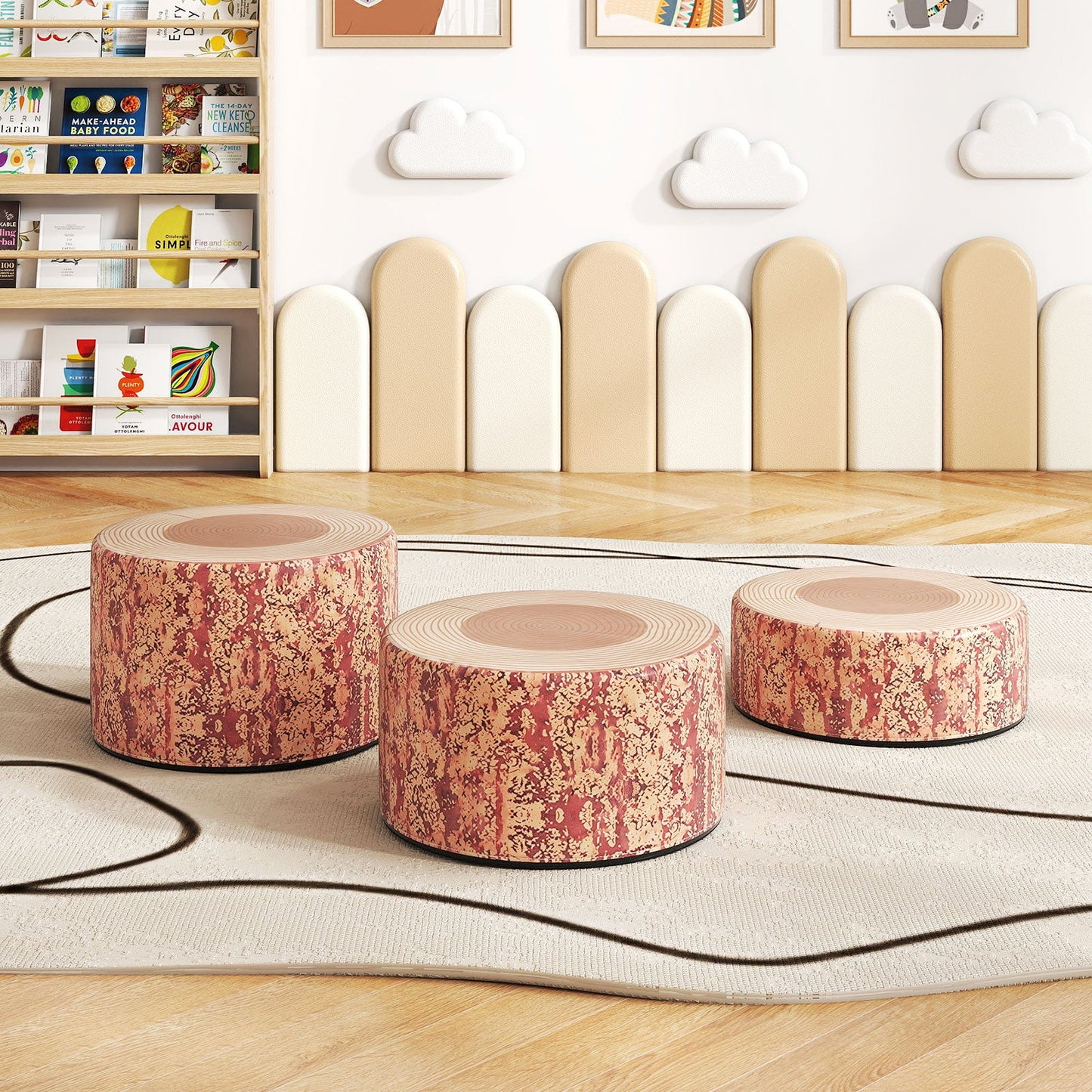 3-Piece Tree Stump Stool Set with Wood Printing Nature Decoration