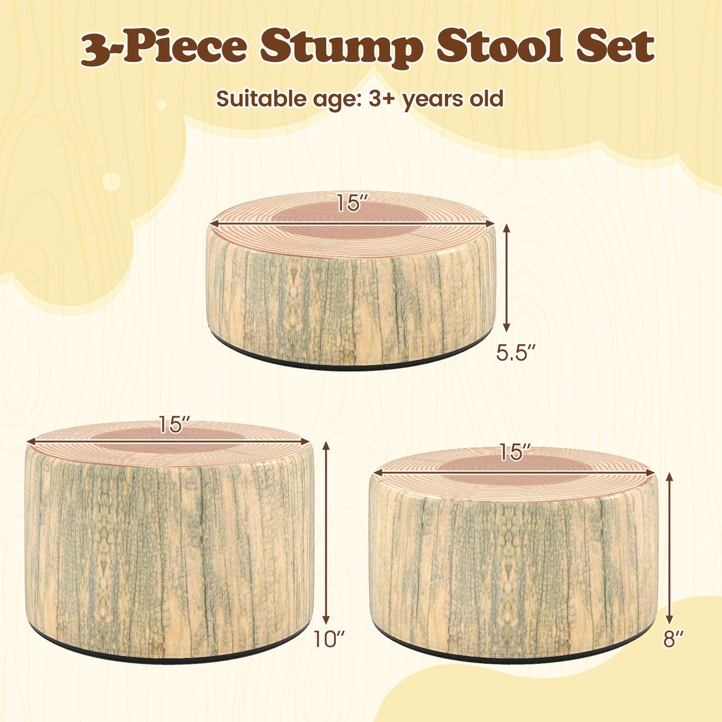 3-Piece Tree Stump Stool Set with Wood Printing Nature Decoration