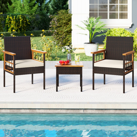 3 Piece Wicker Furniture Set with Acacia Wood Tabletop and Armrest for Balcony-White - Tampa Home & Garden Store