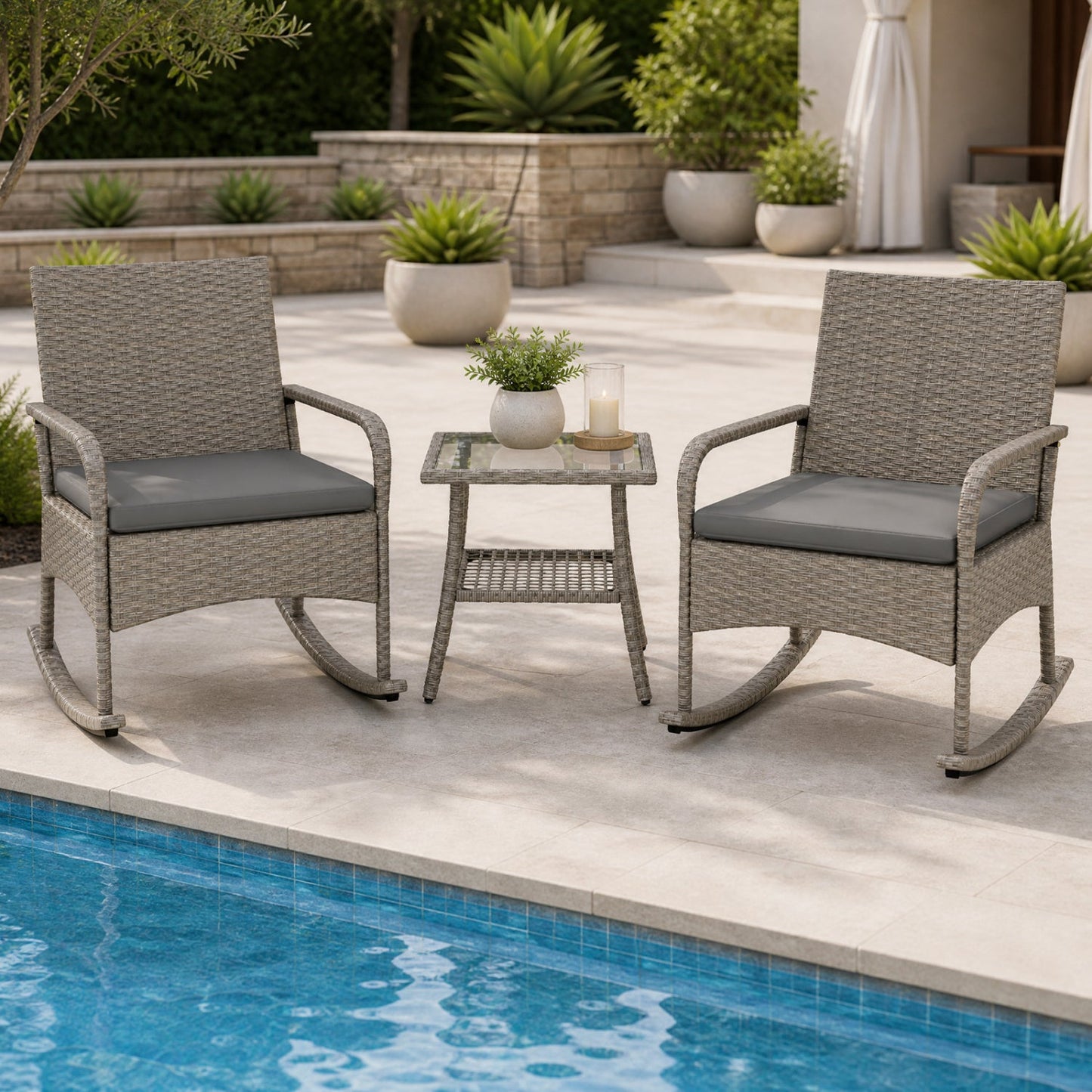 3-Piece gray wicker rocking bistro set with cushions, two chairs by DirectDeals on Tampa Home & Garden Store