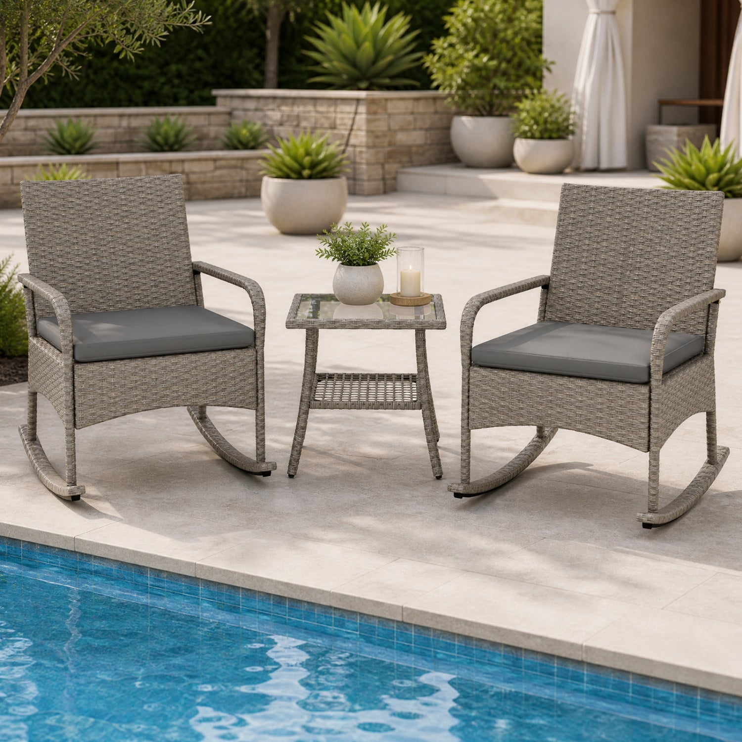3-Piece gray wicker rocking bistro set with cushions, two chairs by DirectDeals on Tampa Home & Garden Store