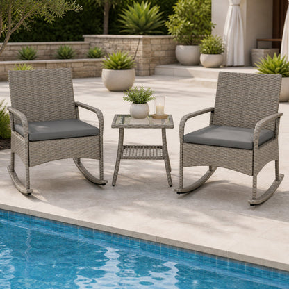 3-Piece gray wicker rocking bistro set with cushions, two chairs by DirectDeals on Tampa Home & Garden Store
