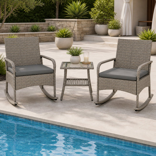 3-Piece gray wicker rocking bistro set with cushions, two chairs by DirectDeals on Tampa Home & Garden Store