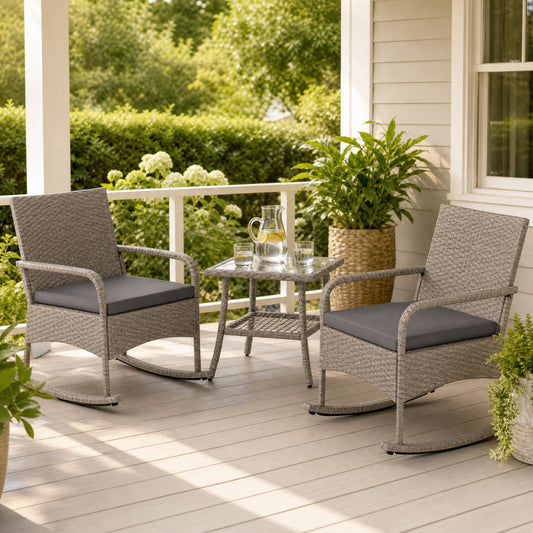 3-Piece Wicker Rocking Bistro Set Cushions Gray wicker with 2 rocking chairs DirectDeals on Tampa Home & Garden Store