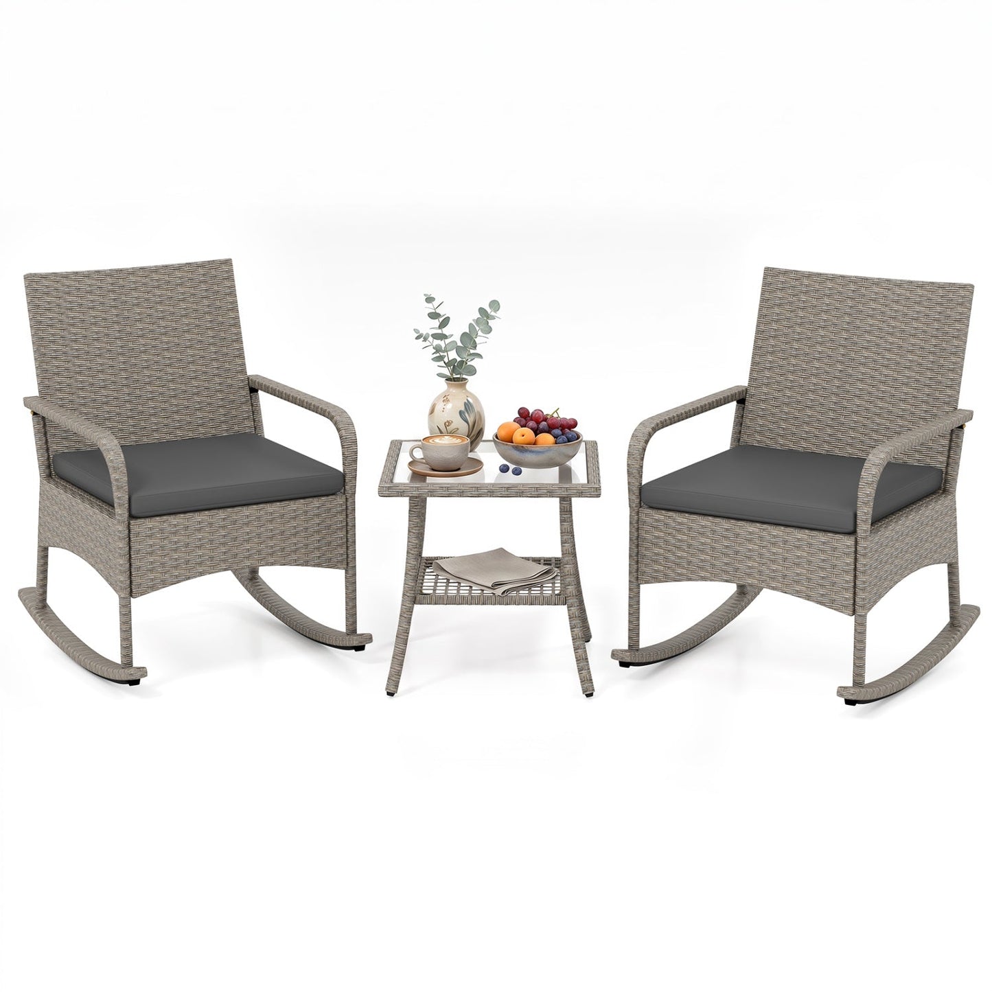3-Piece Wicker Rocking Bistro Set with Cushions gray wicker; two chairs and table on Tampa Home & Garden Store
