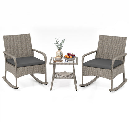 3-Piece Wicker Rocking Bistro Set with Cushions gray wicker; two chairs and table on Tampa Home & Garden Store