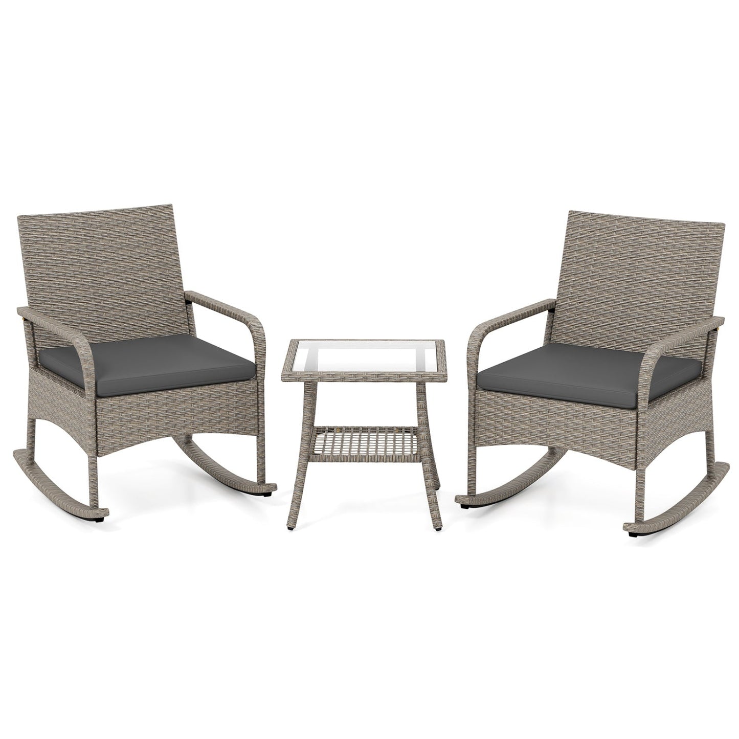 3-Piece Wicker Rocking Bistro Set with Cushions gray; 2 rocking chairs and glass-top table on Tampa Home & Garden Store