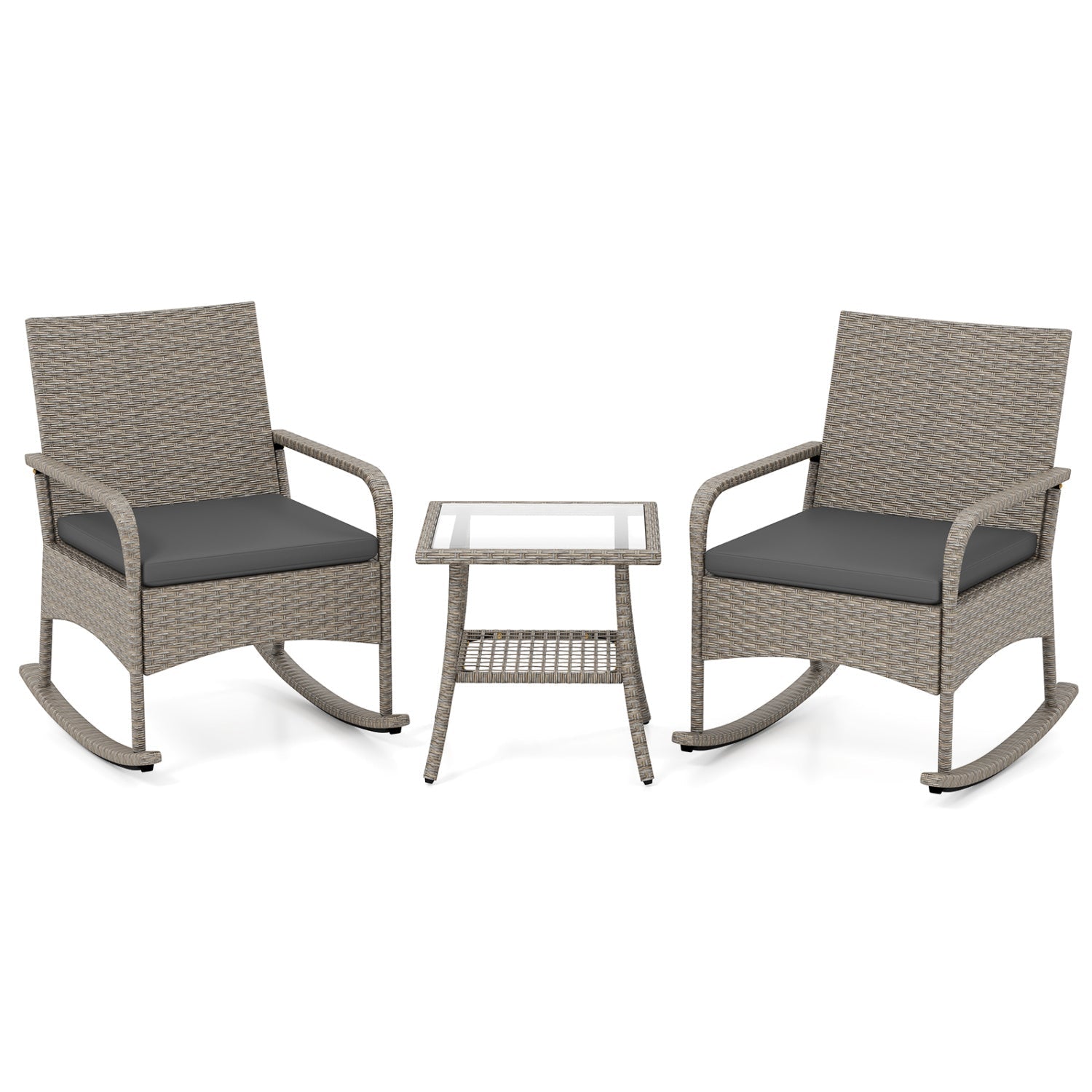 3-Piece Wicker Rocking Bistro Set with Cushions gray; 2 rocking chairs and glass-top table on Tampa Home & Garden Store