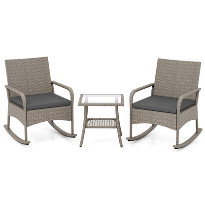 3-Piece Wicker Rocking Bistro Set with Cushions gray; 2 rocking chairs and glass-top table on Tampa Home & Garden Store
