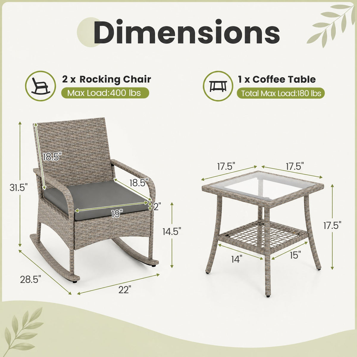 DirectDeals 3-Piece Wicker Rocking Bistro Set gray; includes 2 rocking chairs and glass table on Tampa Home & Garden Store