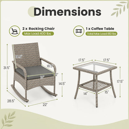 DirectDeals 3-Piece Wicker Rocking Bistro Set gray; includes 2 rocking chairs and glass table on Tampa Home & Garden Store