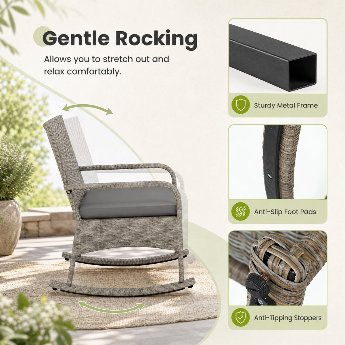 3-Piece gray wicker rocking patio dining set with cushions DirectDeals on beige rug on Tampa Home & Garden Store