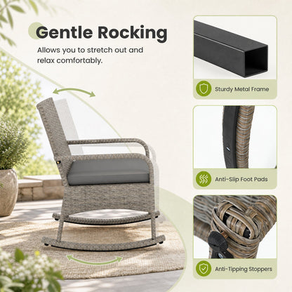 3-Piece gray wicker rocking patio dining set with cushions DirectDeals on beige rug on Tampa Home & Garden Store