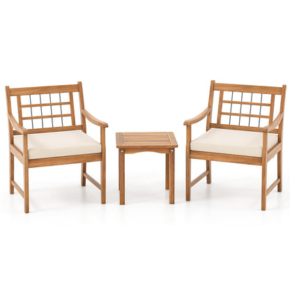 3 Piece Wood Patio Furniture Set with Seat Cushions and Acacia Wood Frame-Gray