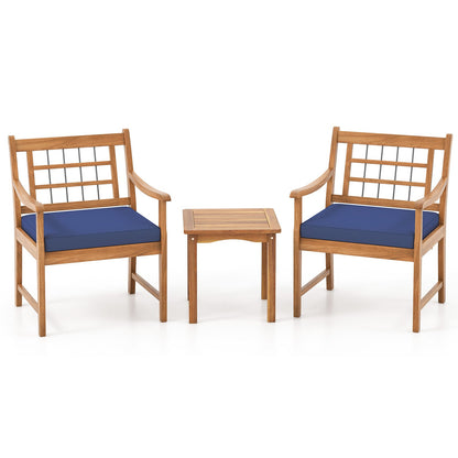 3 Piece Wood Patio Furniture Set with Seat Cushions and Acacia Wood Frame-Gray