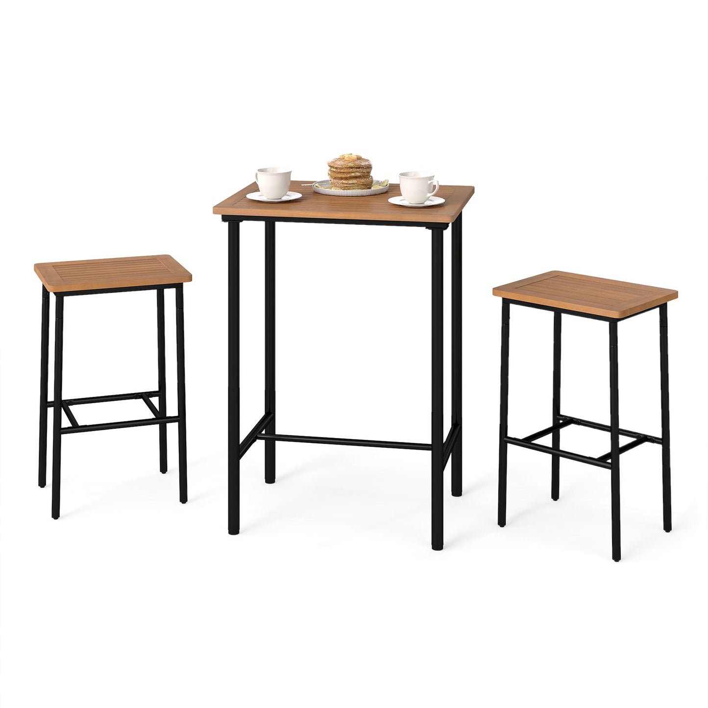 3 Pieces Acacia Wood Patio Bar Set Rectangular Table with Metal Frame