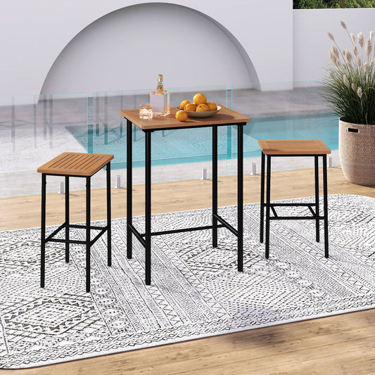 3 Pieces Acacia Wood Patio Bar Set Rectangular Table with Metal Frame - Tampa Home & Garden Store