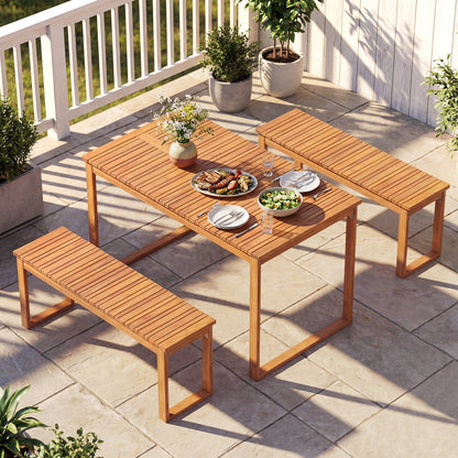 3 Pieces Acacia Wood Picnic Set with Outdoor Dining Table and 2 Benches for 4 People