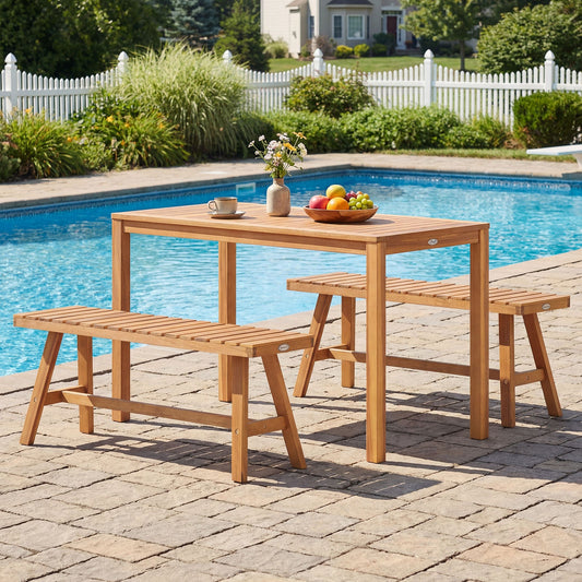 3 Pieces Acacia Wood Patio Dining Set Outdoor Rectangular Table and Benches with Slatted Seats - Tampa Home & Garden Store