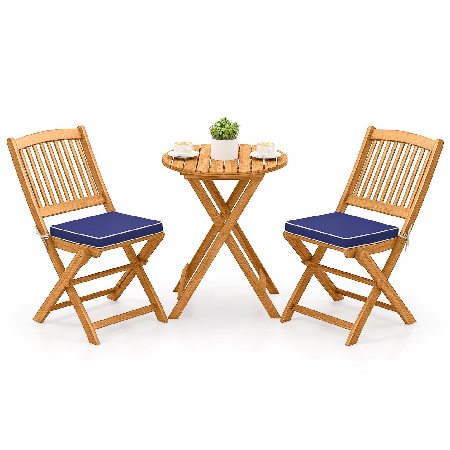 3 Pieces Acacia Wood Patio Folding Bistro Set with Soft Cushions-Beige
