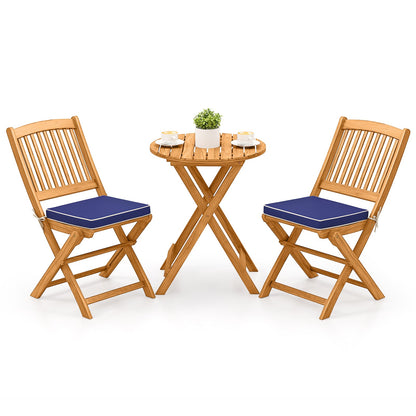 3 Pieces Acacia Wood Patio Folding Bistro Set with Soft Cushions-Beige