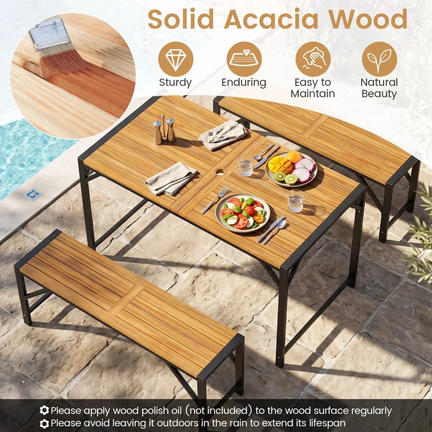 51 in Acacia Wood Patio Table with Umbrella Hole