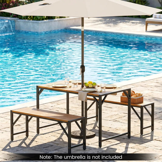 Acacia wood outdoor bench set of 2 by DirectDeals with 47.5-inch slatted seats on Tampa Home & Garden Store