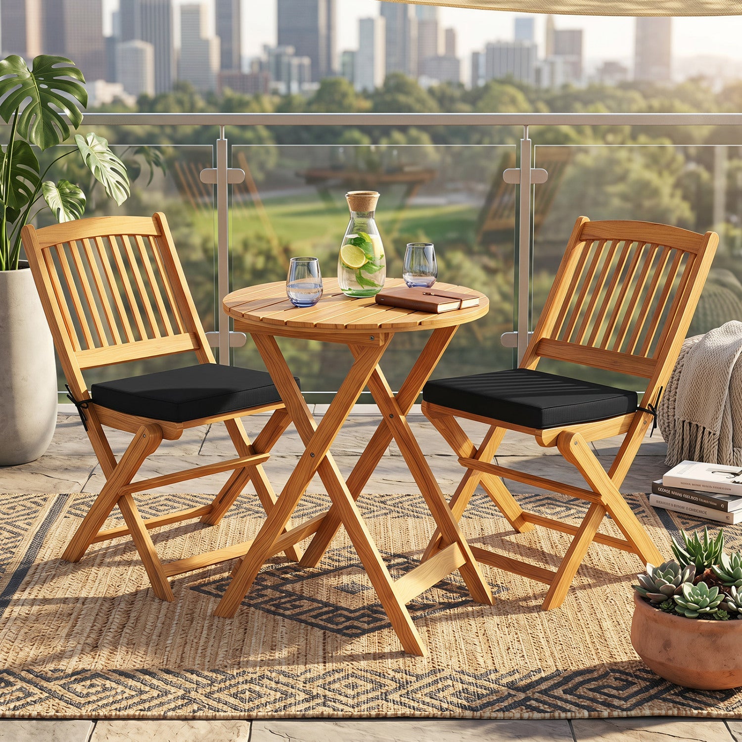 3-Piece Acacia Wood Folding Bistro Set with Cushions, round table and 2 chairs, DirectDeals on Tampa Home & Garden Store