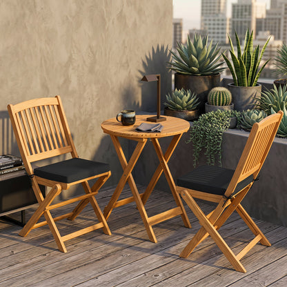 3-Piece Acacia Wood Folding Bistro Set with Cushions two chairs light brown wood black cushions on Tampa Home & Garden Store
