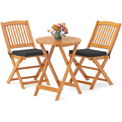 3-Piece Acacia Wood Folding Bistro Set with Cushions two chairs and round table natural wood with black cushions on Tampa Home & Garden Store