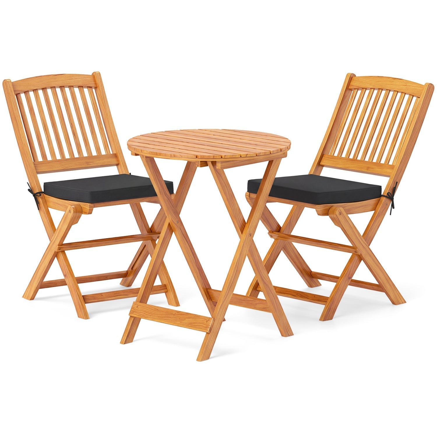 3-Piece Acacia Wood Folding Bistro Set round table and folding chairs, black cushions on Tampa Home & Garden Store