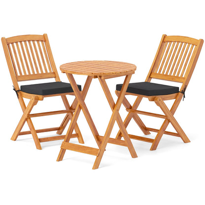 3-Piece Acacia Wood Folding Bistro Set round table and folding chairs, black cushions on Tampa Home & Garden Store