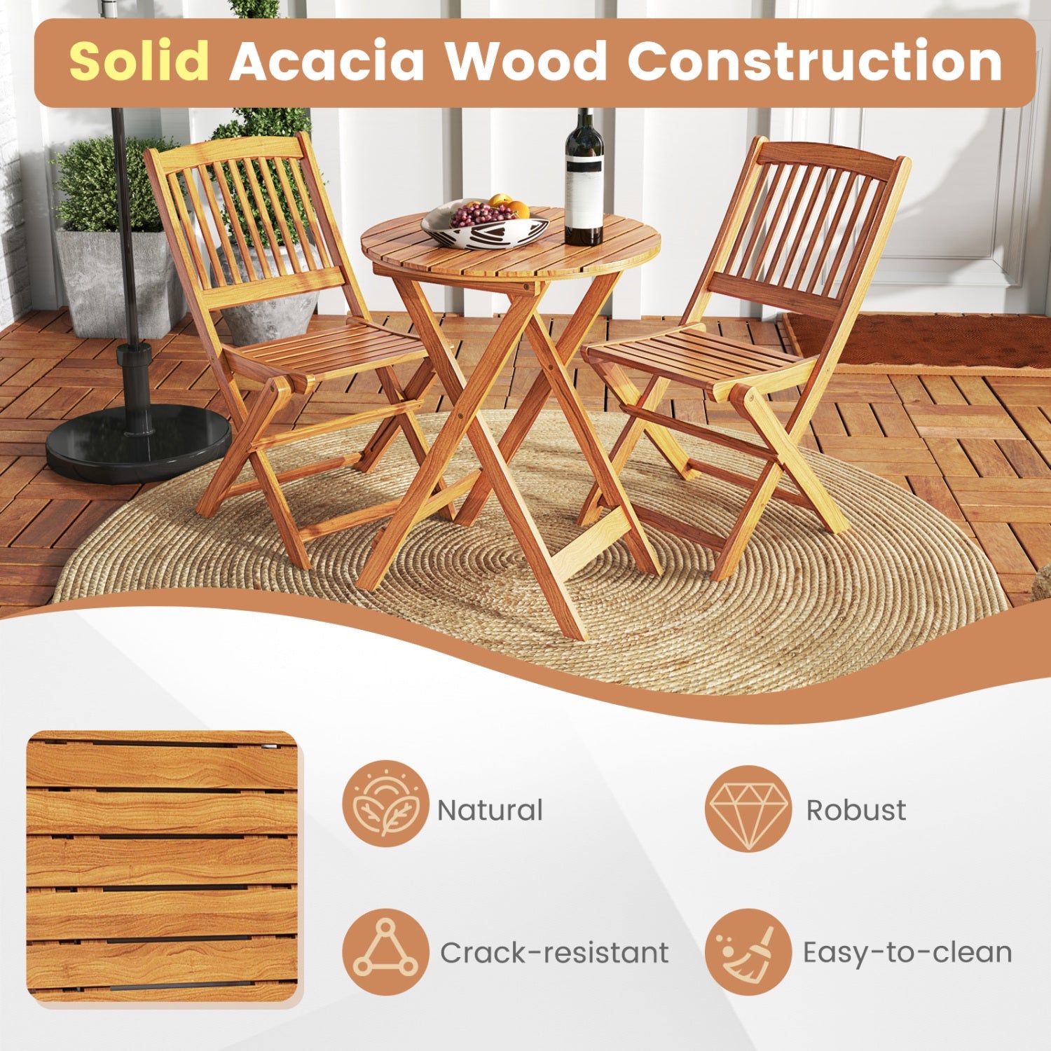 3-Piece Acacia Wood Folding Bistro Set round table with two chairs on patio on Tampa Home & Garden Store