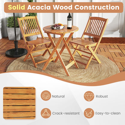 3-Piece Acacia Wood Folding Bistro Set round table with two chairs on patio on Tampa Home & Garden Store