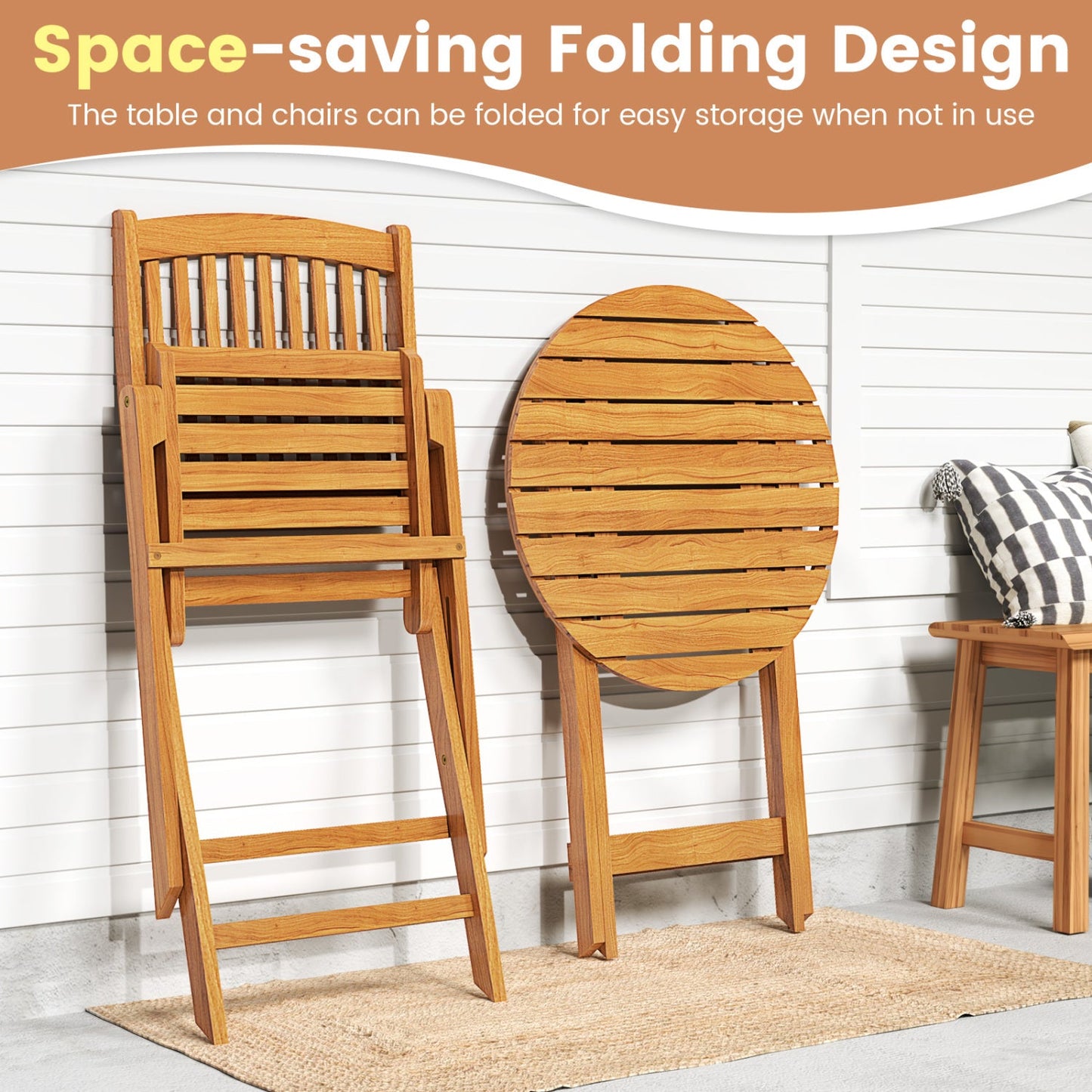 3-Piece Acacia Wood Folding Bistro Set with Cushions, includes 2 chairs and a round table on Tampa Home & Garden Store