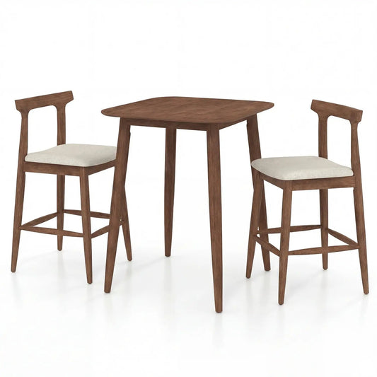 3-piece counter-height bar table and 2 stools set in brown wood with beige cushioned seats on Tampa Home & Garden Store