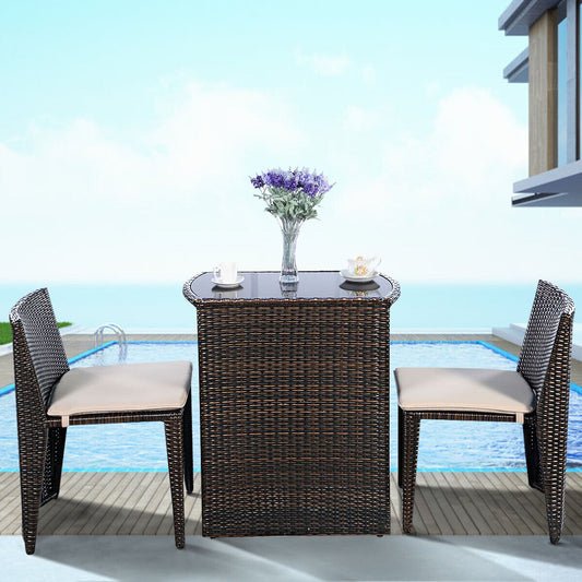 3 Pieces Cushioned Wicker Patio Bistro Set with No Assembly Needed - Tampa Home & Garden Store